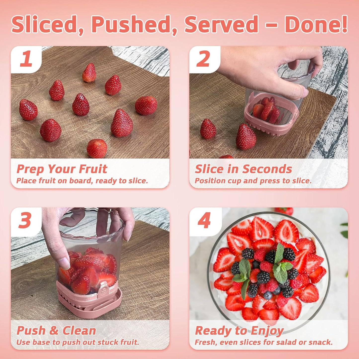 Strawberry Slicer Cup with Push Plate, Fruit Cutter Kitchen Gadget for Egg, Kiwi, Banana, Cucumber, Easy Fruit & Vegetable Slicer, Strawberry Cutter Tool for Quick Safe Cutting (Black)