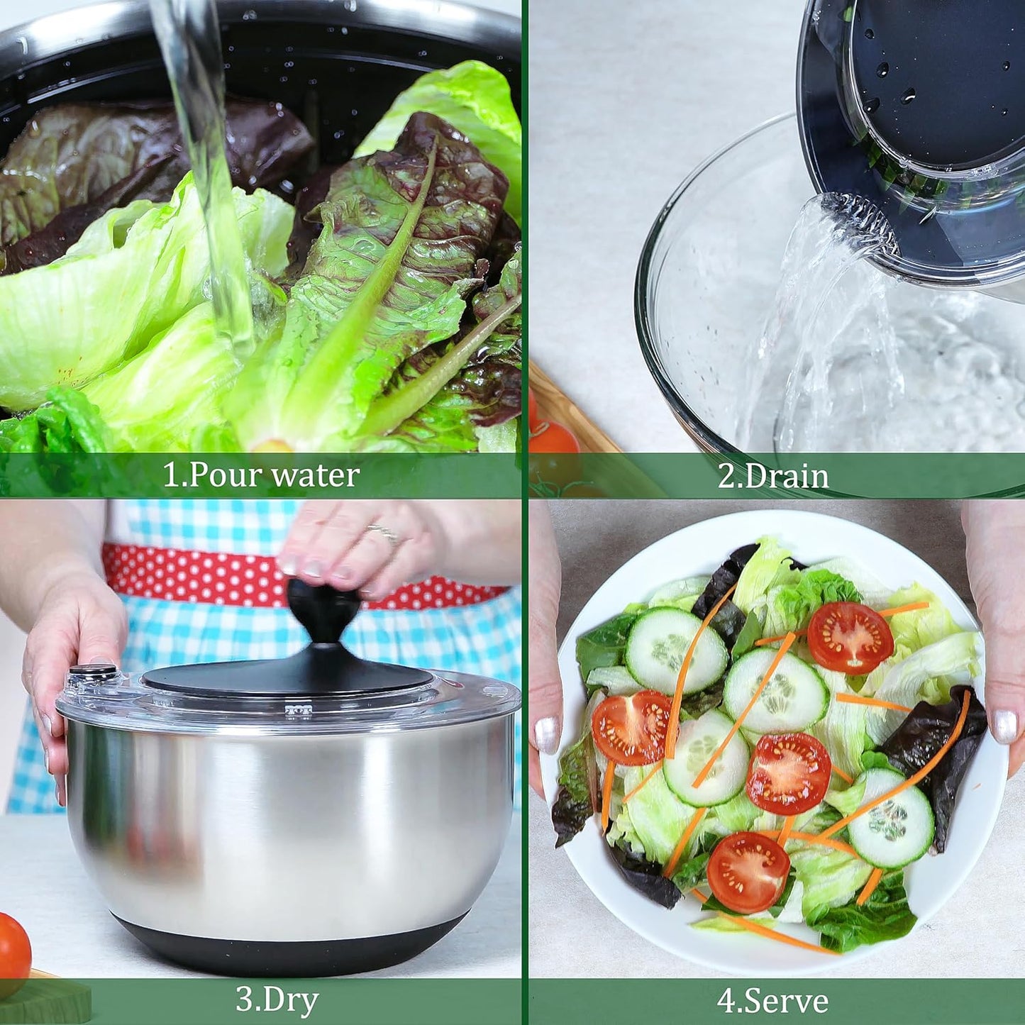 Stainless Steel Salad Spinner Large 5.28 Qt – Fast Drying Lettuce Spinner, Premium Durable Bowl for Washing & Drying Vegetables