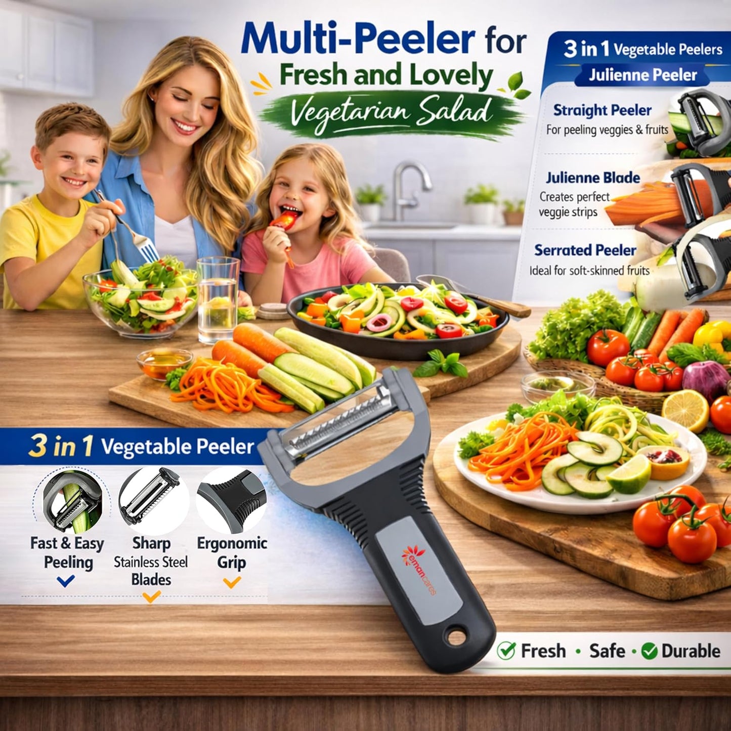 Fruits & Vegetables Peeler Set – Y Peeler Ultra-Sharp Stainless Steel Swivel Standard, Serrated, & Julienne Blades