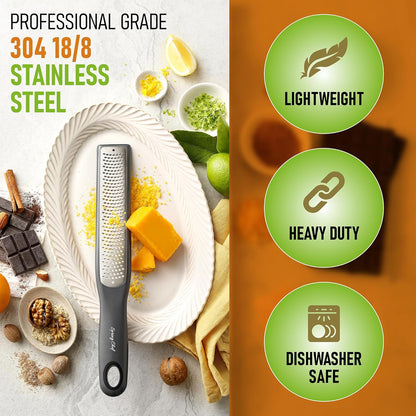 Spring Chef Premium Lemon Zester Grater with Handle - Fruits, Garlic, Chocolate, Nutmeg, Ginger Grater - Heavy Duty Kitchen Tool - Stainless Steel Citrus Zester with Blade Cover - Fine Shred, Black