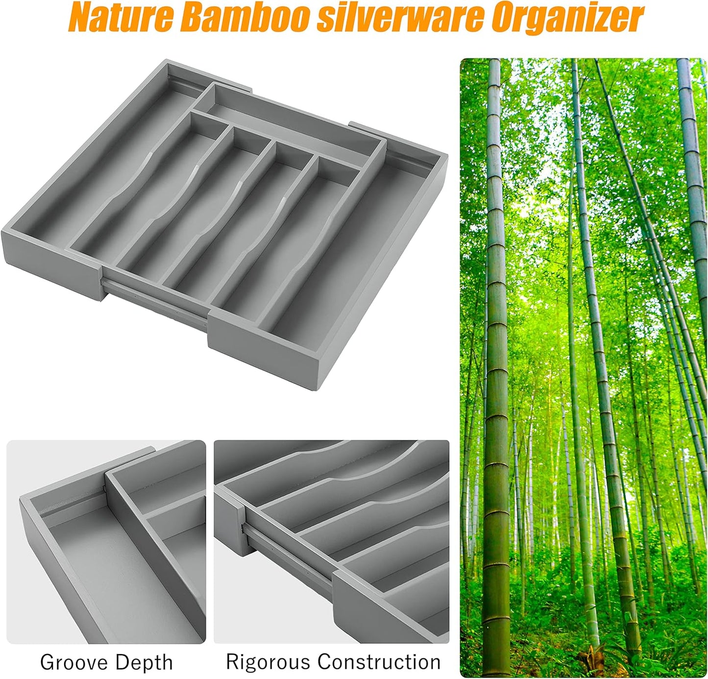 Bellsal Silverware Organizer Kitchen Drawer Organizer Expandable Bamboo Utensil Holder Cutlery Tray for Kitchen Utensil and Flatware Bedroom Office