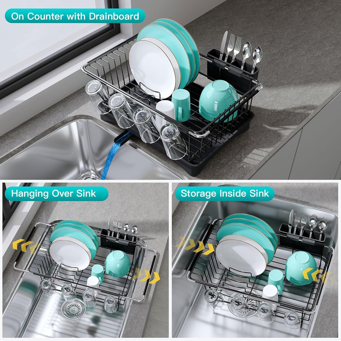 JASIWAY Roll Up Dish Drying Rack, Expandable (12.8"-23.8" D x 12.8" W) Stainless Steel Portable Drainer for Kitchen Sink Counter, Foldable Over The Sink Cover with Removable Utensil Holder