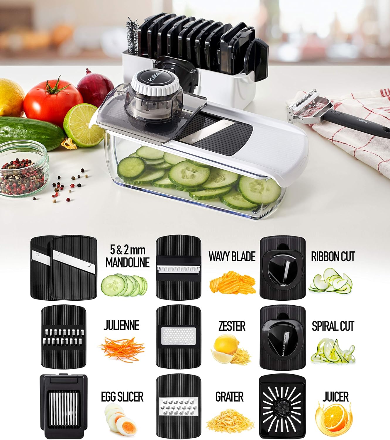 Fullstar Mandoline Slicer for Kitchen, Fruit Cutter, Cheese Grater, Cucumber Slicer, Veggie Spiralizer, Food Cutter & Kitchen Gadgets & Gifts with Safety Glove (6 in 1, White)