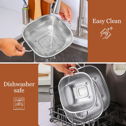 E-far 3 Pack Colander for Kitchen, Square Stainless Steel Metal Strainer Colander with Handle for Draining Food Pasta Vegetable, Micro-Perforated & Elevated Feet, Dishwasher Safe(2.4/4/6QT)