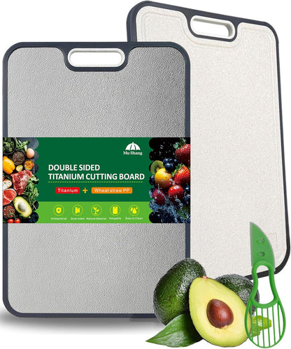 Titanium Cutting Board, 2-in-1 Titanium Alloy And Wheat Straw PP Chopping Board with Avocado Slicer, Food Grade Cutting Board with Handle for Kitchen, RV, Camping(16x11 Inches, Random Color)