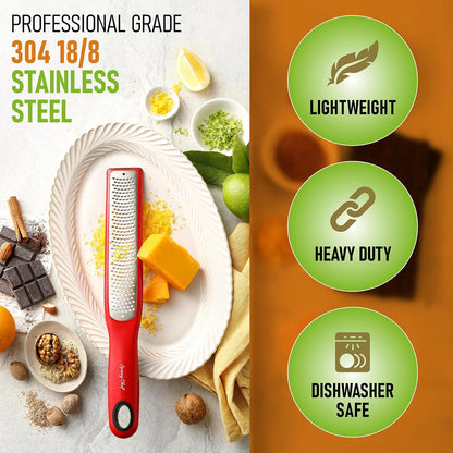 Spring Chef Premium Lemon Zester Grater with Handle - Fruits, Garlic, Chocolate, Nutmeg, Ginger Grater - Heavy Duty Kitchen Tool - Stainless Steel Citrus Zester with Blade Cover - Fine Shred, Black