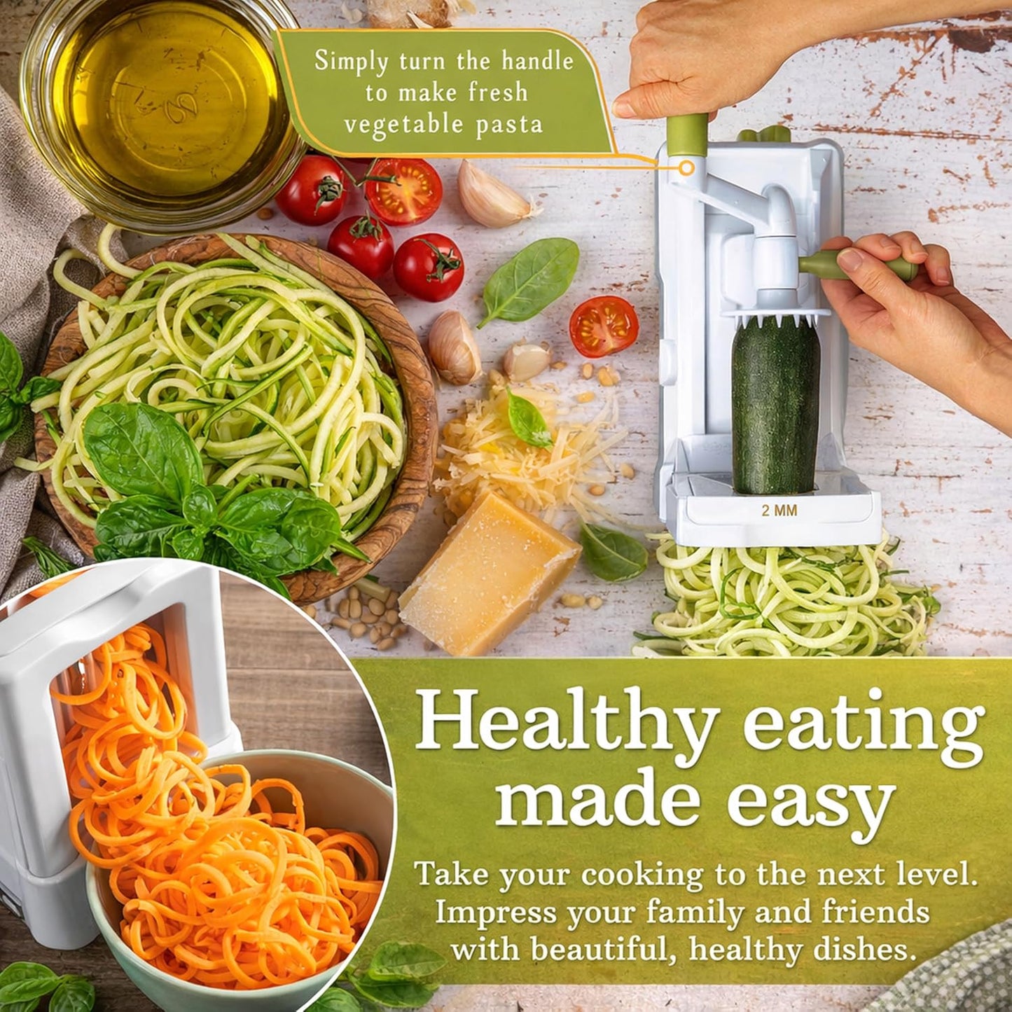 Brieftons 7-Blade Vegetable Spiralizer: Zucchini Spiral Slicer & Veggie Noodle Maker, Japanese Steel Blades, Catch Container, Strong Suction Cup, Blade Caddy, 4 eBooks | Low Carb, Vegan, Gluten-Free