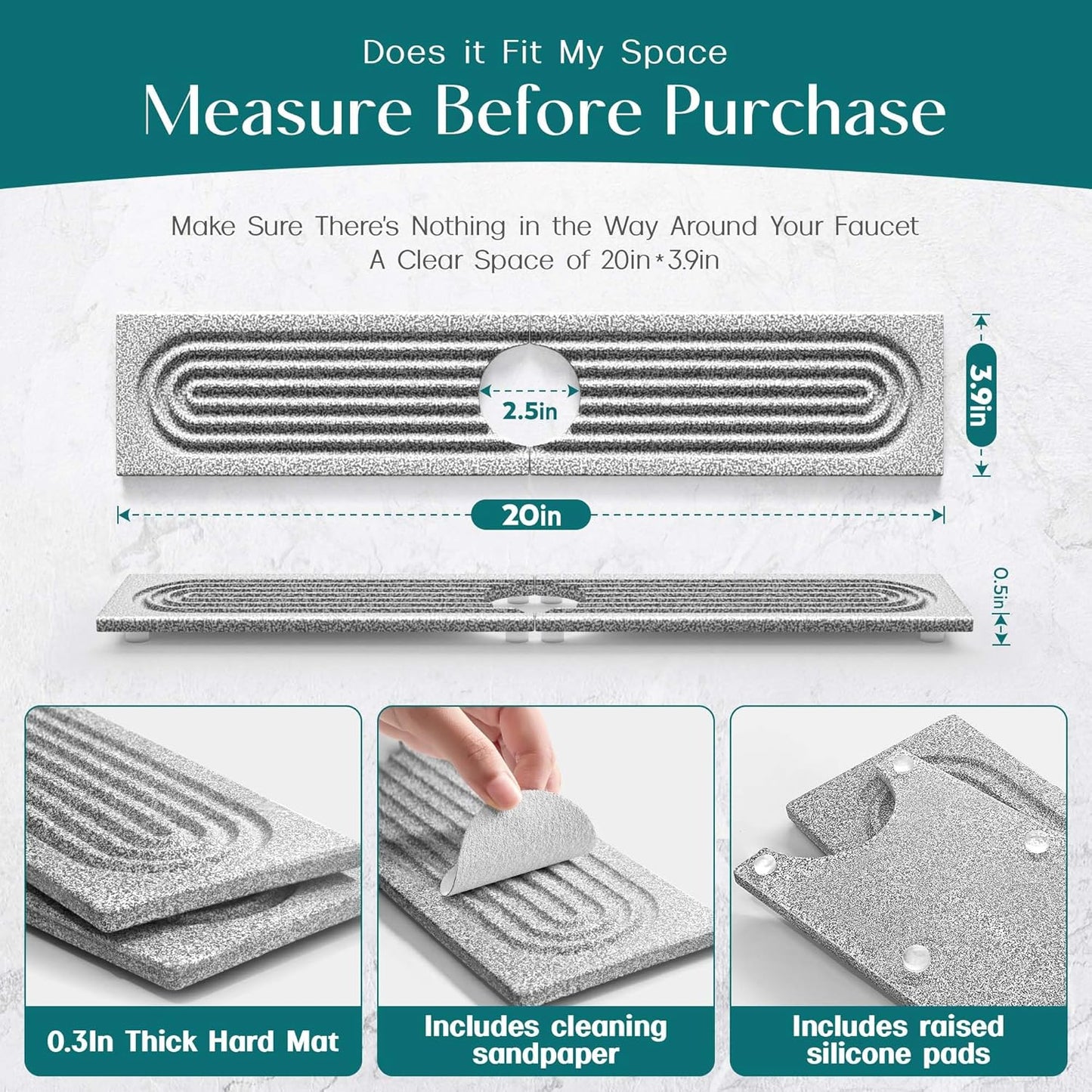 Eormoe Faucet Mat for Kitchen Sink – Diatomite Stone Drying Mat & Sink Protectors, Prevent Moisture – Sink Splash Guard Water-Absorbing Stone Tray for Bathroom Counter (Light Grey, 23.6" x 3.9")