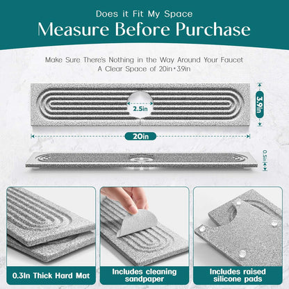 Eormoe Faucet Mat for Kitchen Sink – Diatomite Stone Drying Mat & Sink Protectors, Prevent Moisture – Sink Splash Guard Water-Absorbing Stone Tray for Bathroom Counter (Light Grey, 23.6" x 3.9")