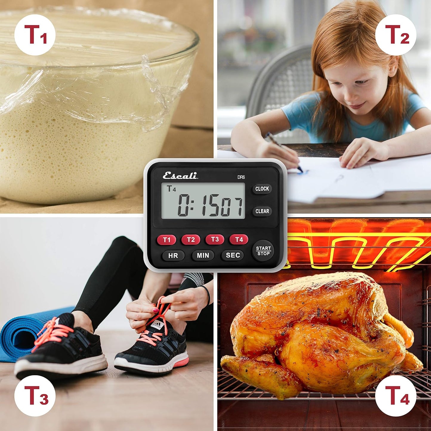 Escali Extra Loud Display Digital Kitchen Timer with Clock Mode, Recall Timer Magnetic Back