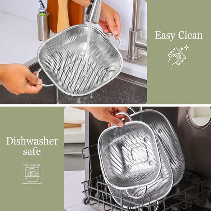 E-far 3 Pack Colander for Kitchen, Square Stainless Steel Metal Strainer Colander with Handle for Draining Food Pasta Vegetable, Micro-Perforated & Elevated Feet, Dishwasher Safe(2.4/4/6QT)