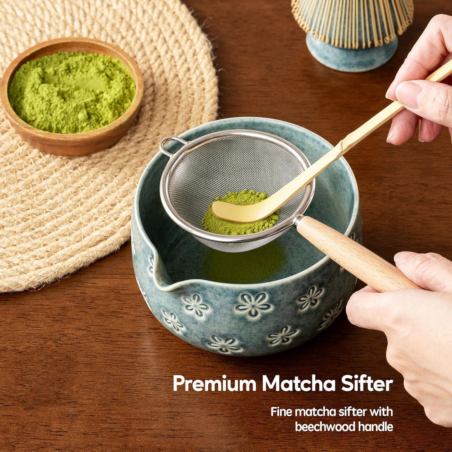 Matcha Whisk Set, Ceramic Matcha Set, 6 Pcs Matcha Kit Includes Matcha Bowl, Matcha Whisk with Holder, Bamboo Scoop, Scoop Rest, Sifter, Ceremonial Matcha Tea Set, Perfect Gifts, Blue