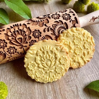 FLOWERING VINE Embossing Rolling Pin. Laser Engraved Dough Roller with Climbing Flowers Pattern for Embossed Cookies or Pottery by Algis Crafts