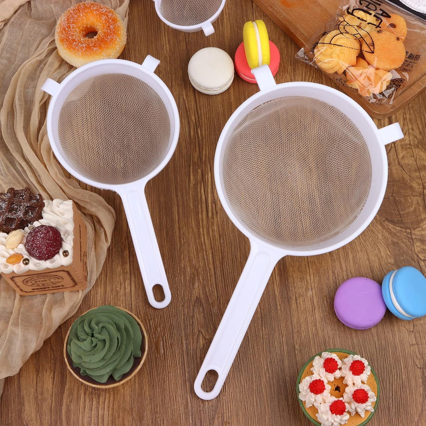 4 Pack Fine Mesh Nylon Strainers with Handle Food Grade Kitchen Sieve Colander with Hanging Hooks Plastic Nylon Mesh Strainers for Yogurt Nut Milk Coffee Juice Kefir Tea (3", 5", 6", 7")