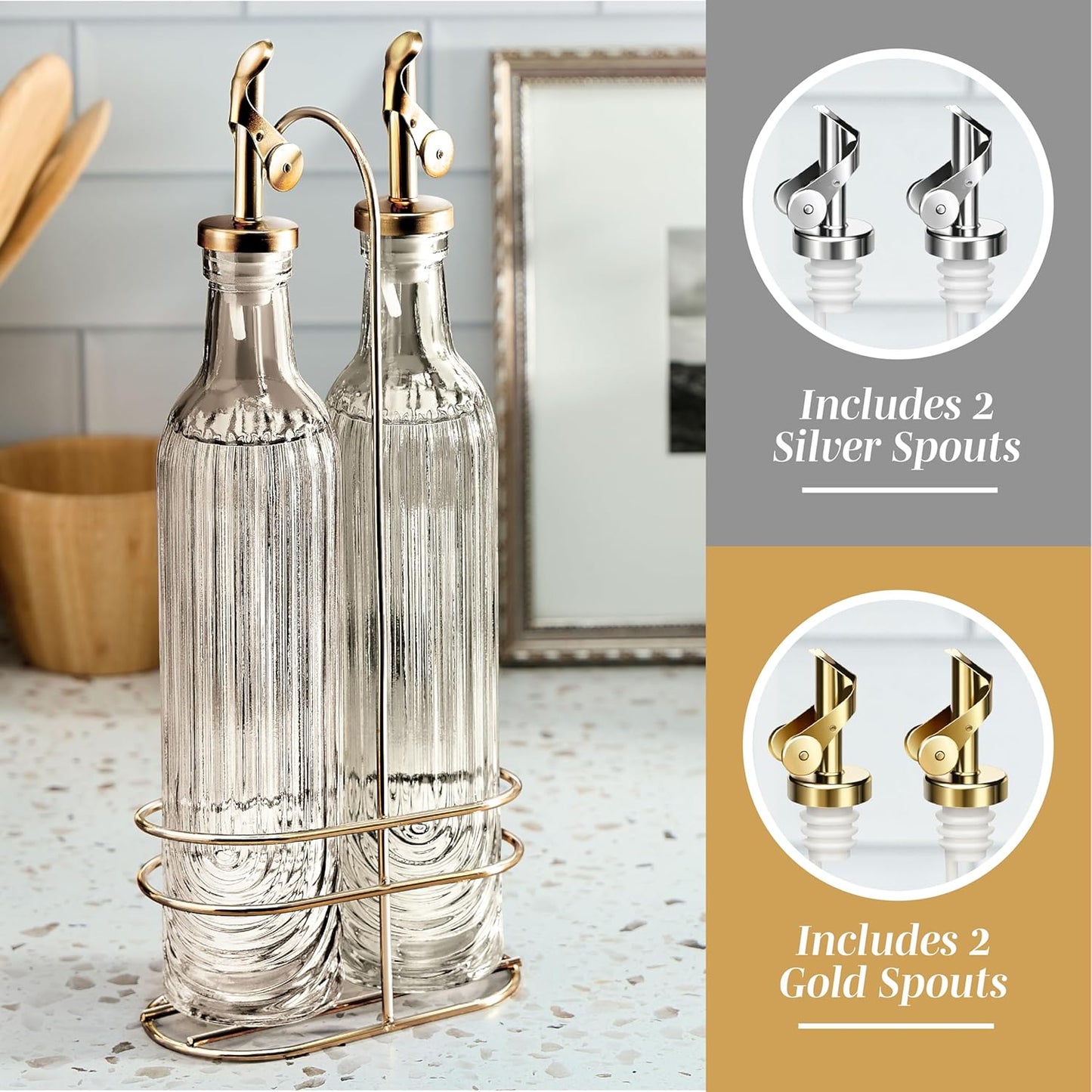 COOK WITH COLOR Glass Olive Oil Bottle Dispenser - 2 Pack- 17oz Oil and Vinegar Cruet - Olive Oil Carafe Decanter for Kitchen, Elegant Waves, Clear