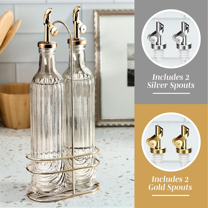 COOK WITH COLOR Glass Olive Oil Bottle Dispenser - 2 Pack- 17oz Oil and Vinegar Cruet - Olive Oil Carafe Decanter for Kitchen, Elegant Waves, Clear