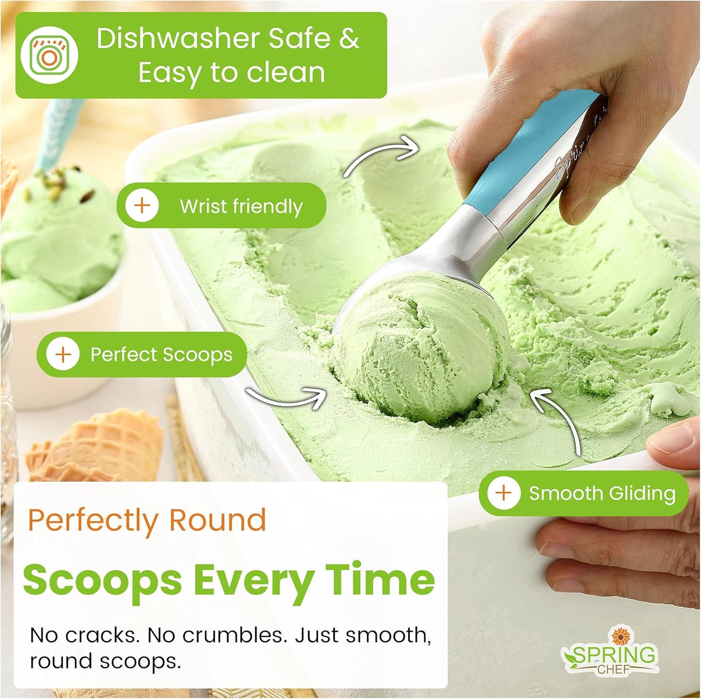 Spring Chef Heavy Duty Metal Ice Cream Scoop - Dishwasher Safe Ice Cream Scooper, Commercial Icecream Scoop Spade, Professional Kitchen Tool for Gelato, Melon, Sundae, Cookie Spoon - Black