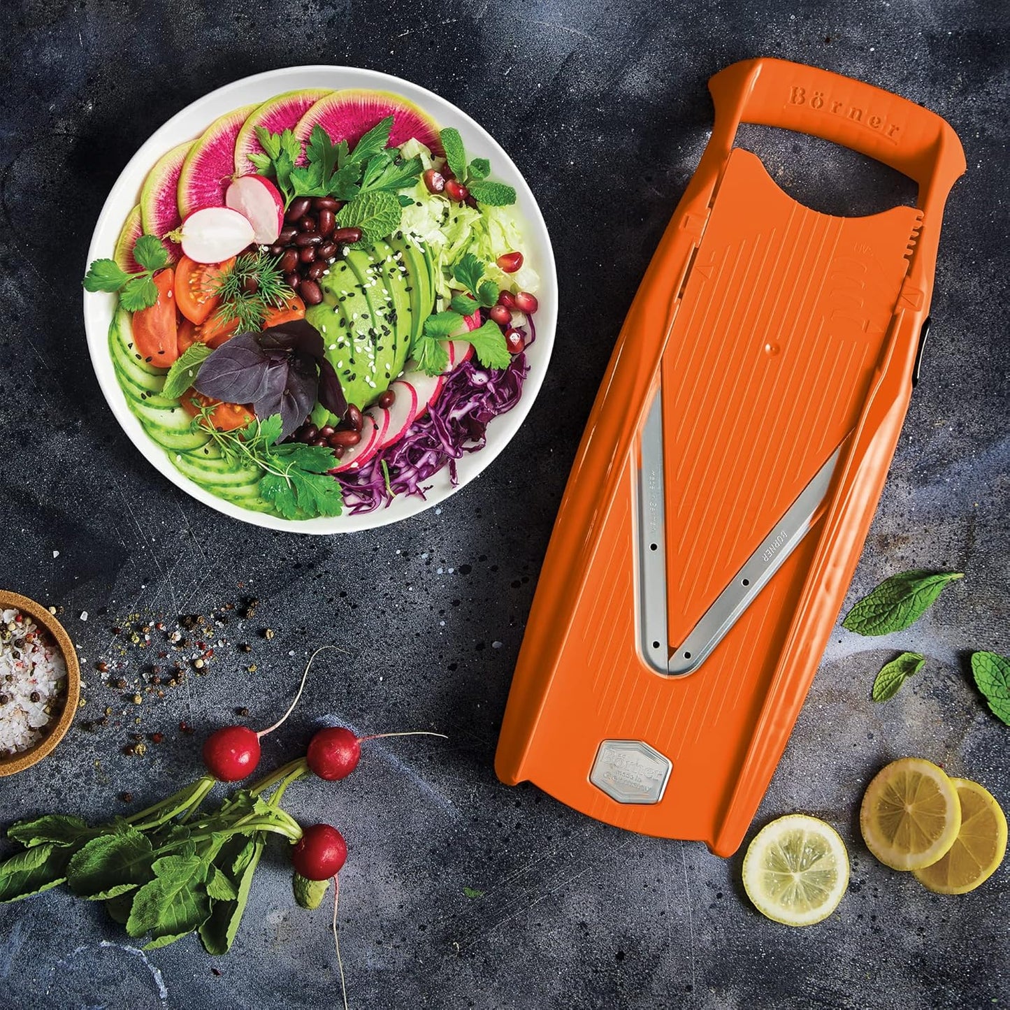 Börner Mandoline Slicer V5 (Professional Set) • Adjustable Vegetable Slicer (7-piece) • 10 Cutting Styles • Kitchen Slicer incl. Docking Station • Stainless Steel V-Blade • Color: Red