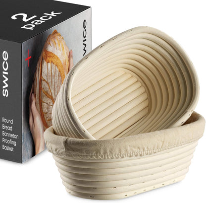 Swice Bread Proofing Basket, Round 9-Inch Banneton Sourdough Starter Kit with Lame, Dough Scraper, Linen Liner, and Basting Brush, Complete Bread Making Supplies and Tools
