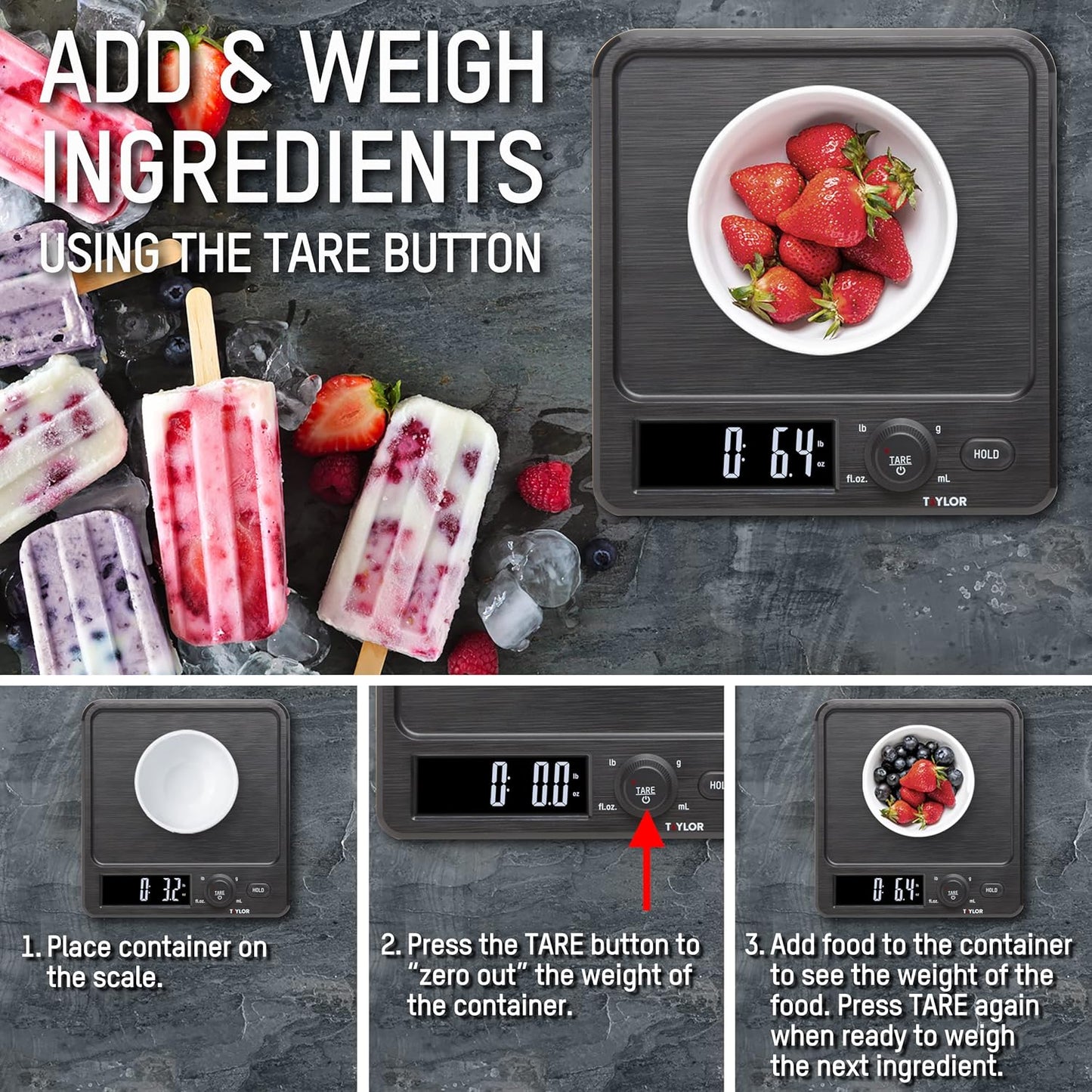 Taylor Waterproof Digital Kitchen Scale, 11 pounds, Black