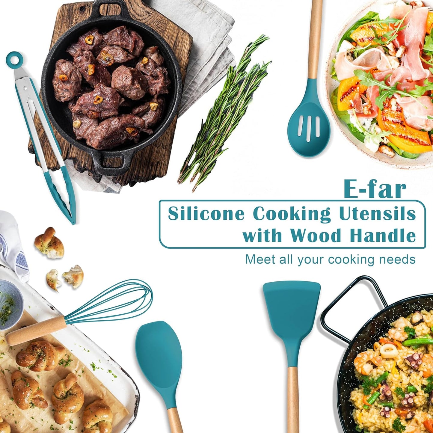 E-far Silicone Cooking Utensils Set, 10-Piece Heat Resistant Kitchen Utensils Set with Wooden Handle for Nonstick Cookware, Kitchen Nonstick Tools Spatula Whisk Tongs Ladle, Non-toxic & Healthy(Khaki)