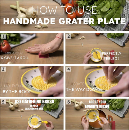 Handmade Ceramic Garlic Grater - 4 Pcs Garlic Press - Natural Ginger & Cheese Grinder - Decorative Mincer - Honey Yellow