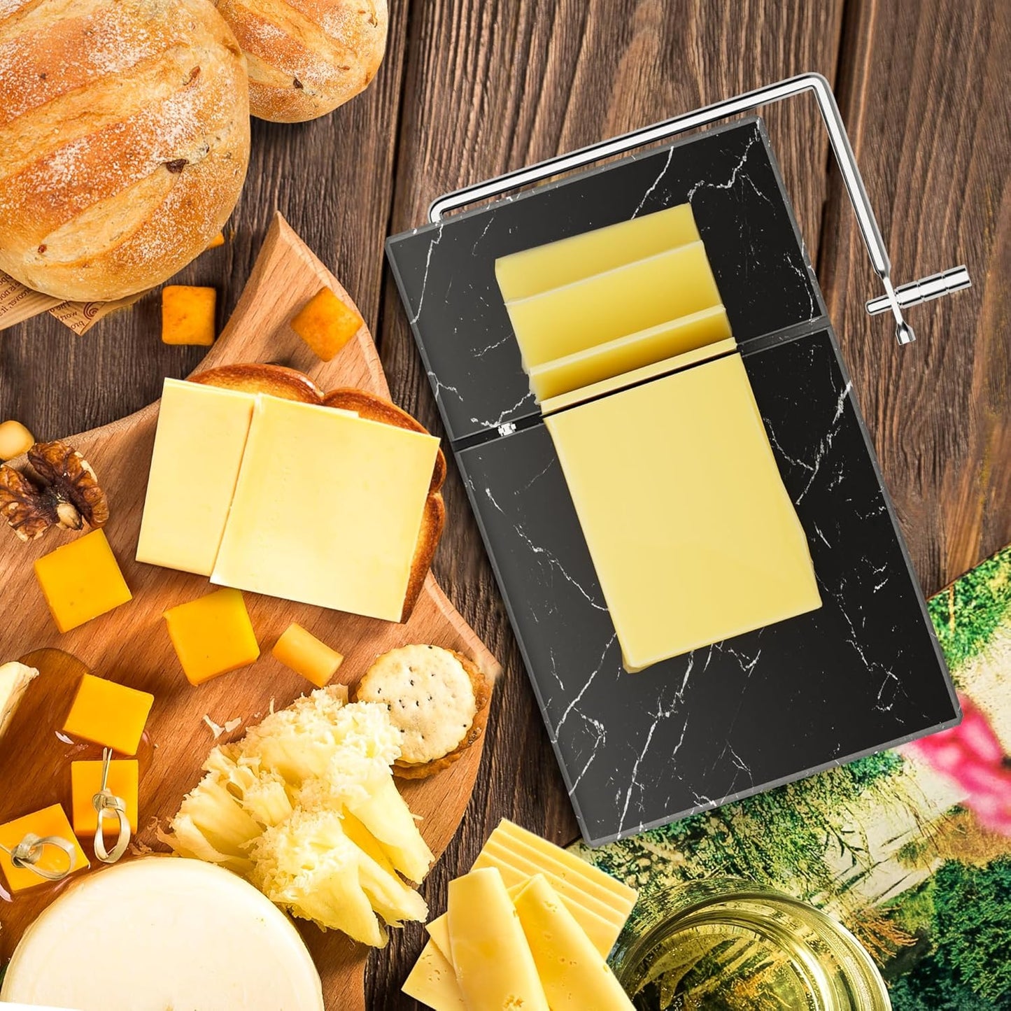 TOPULORS Cheese Slicer - Cheese Cutter with 5 Replacement Upgrade Thick Cutting Wires - Heavy Duty 5" x 8" Marble Board Cheese Slicer for Block Cheeses - Kitchen Gadget Cheese Tool - Black