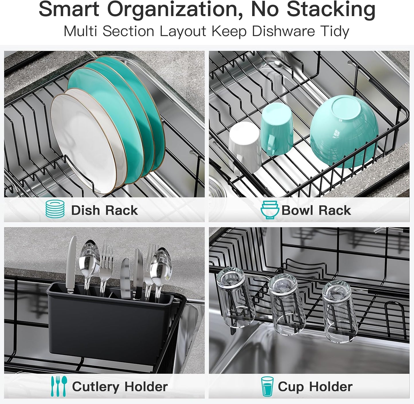 JASIWAY Roll Up Dish Drying Rack, Expandable (12.8"-23.8" D x 12.8" W) Stainless Steel Portable Drainer for Kitchen Sink Counter, Foldable Over The Sink Cover with Removable Utensil Holder