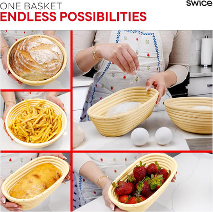 Swice Bread Proofing Basket, Round 9-Inch Banneton Sourdough Starter Kit with Lame, Dough Scraper, Linen Liner, and Basting Brush, Complete Bread Making Supplies and Tools