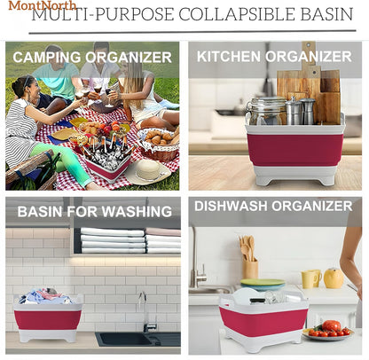 MontNorth Collapsible Wash Basin 9L, Foldable Dish Tub with Drain Plug, Portable Collapsible Dish Basin, Camping Sink for Washing Dishes, Laundry & Kitchen Use,Gray