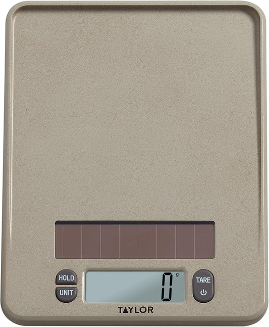 Taylor Light Powered Digital Kitchen Scale, Coffee Husk Blend Material, Solar Panel with Endless Power, No Batteries Needed, Energy-Saving, 11lb Capacity, Beige