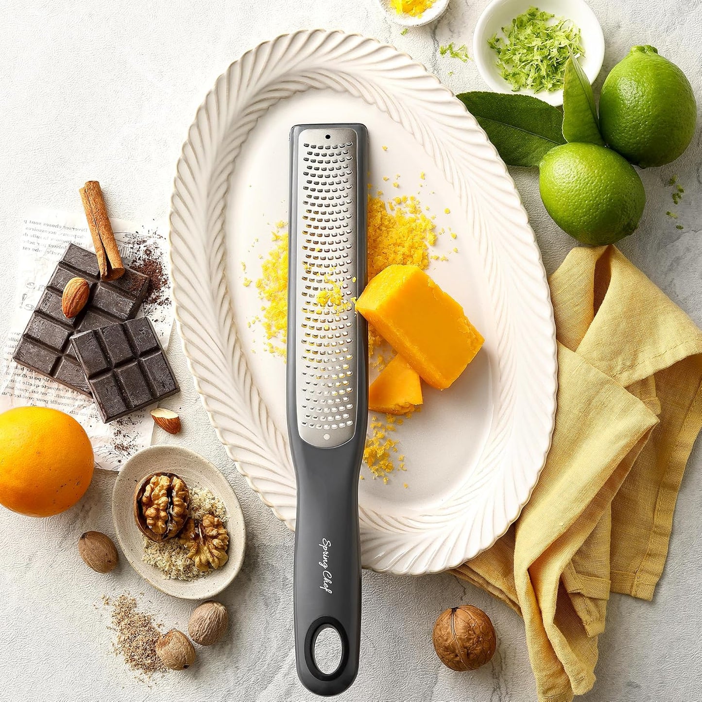 Spring Chef Premium Lemon Zester Grater with Handle - Fruits, Garlic, Chocolate, Nutmeg, Ginger Grater - Heavy Duty Kitchen Tool - Stainless Steel Citrus Zester with Blade Cover - Fine Shred, Black