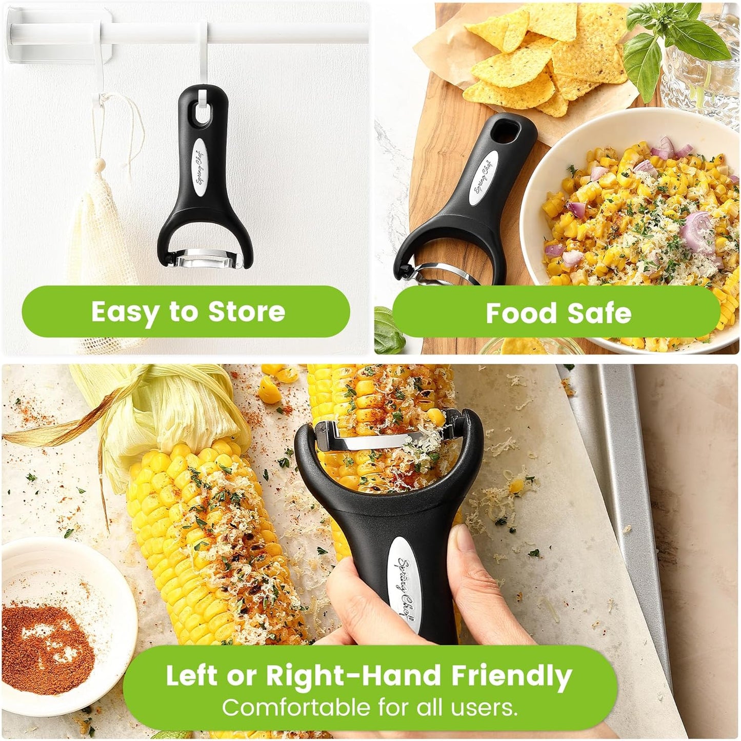 Spring Chef Stainless Steel Corn Peeler – Corn on the Cob Stripper Tool – Durable & Efficient Kernel Remover Tool – Easy to Use Kernel Cutter - Dishwasher Safe Kitchen Gadget - Set of 2 - Black