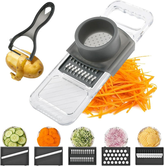 Multifunctional Mandoline Slicer with 6 Interchangeable Blades, Handheld Food Slicer with Safety Guard, Adjustable Stainless Steel Blade for Vegetable, Potato, Tomato, Onion