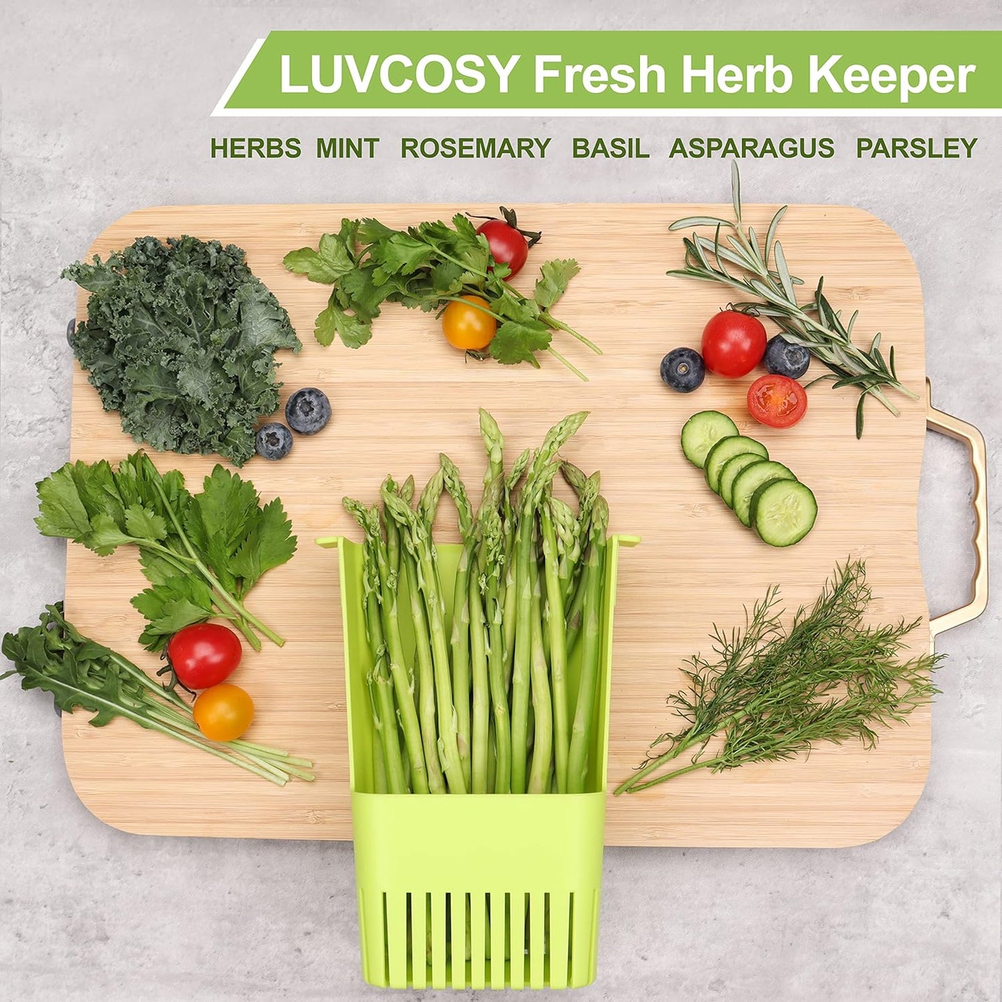 LUVCOSY Herb Keeper Set: 3 Pack Herb Saver+1 Pack Herb Scissors+2 Pack Herb Stripper, BPA-Free Plastic Herb Container for Cilantro, Mint & Asparagus, Keeps Fresh Herbs for 3 Times Longer