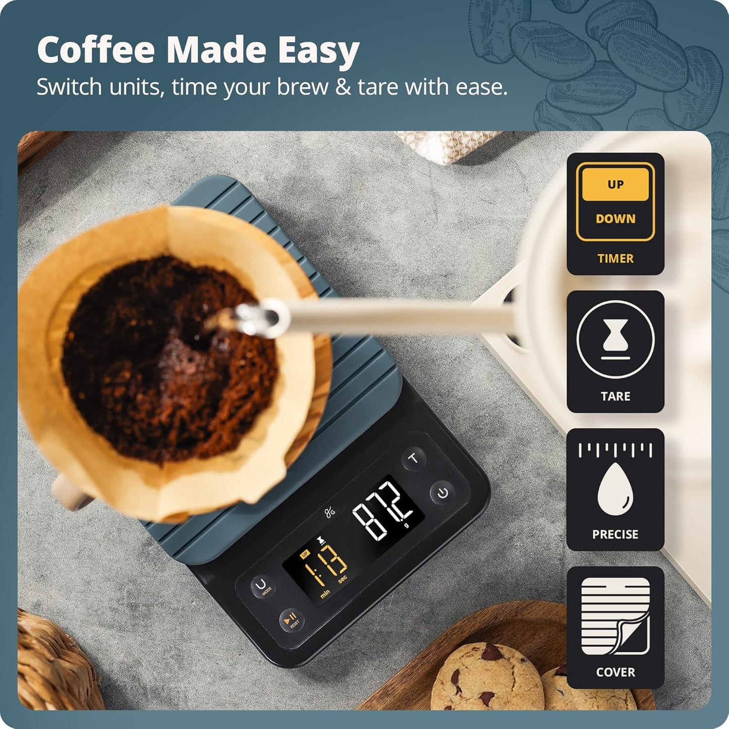 Greater Goods Coffee Scale with Timer – 0.1g Precision Digital Coffee & Espresso Scale for Pour-Over, Coffee Bean Weighing, Barista Brewing, Waterproof Cover, 3kg Capacity (Onyx Black)