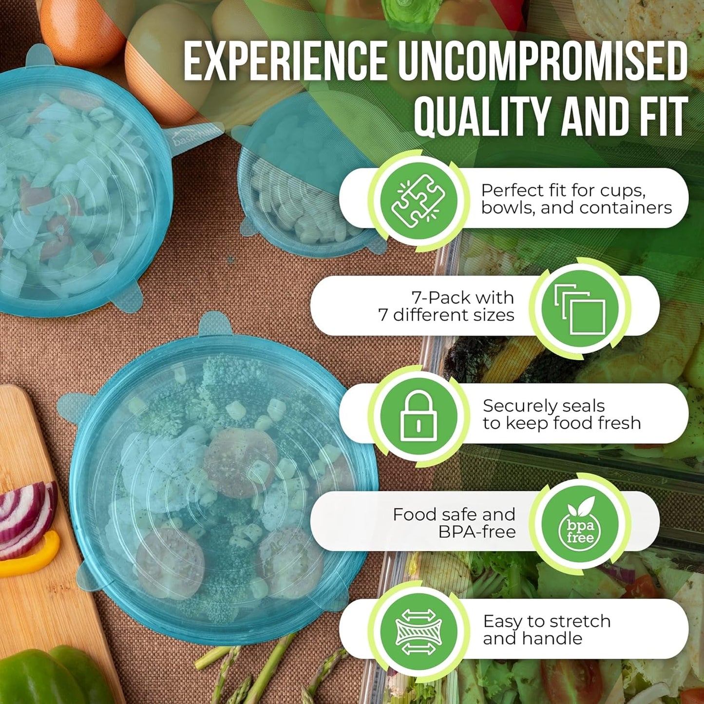 Reusable Silicone Stretch Lids for Food Storage in Fridge - Elastic Heat-Resistant Bowl Covers, Cups, Cans, Jars - Universal Food Grade Lid for Round and Rectangle Containers - Dishwasher Safe -7 Pack