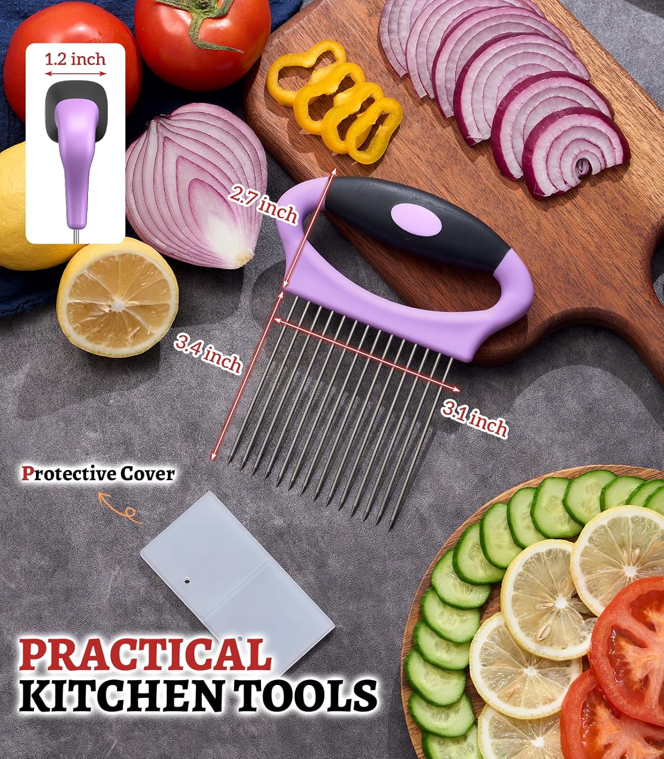 Large Onion Slicer Holder, Stainless Steel Onion Holder for Slicing, Onion Cutter Vegetable Chopper with 14 Sharp Needles for Slicing of Tomato Avocados & Meat Tenderizer, Kitchen Gadgets for Cooking