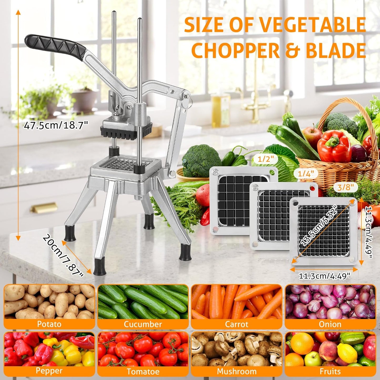 WICHEMI Commercial Chopper Vegetable Cutter Fruit Dicer w/3 Blades Commercial Onion Chopper Dicer Professional Food Dicer Heavy Duty Stainless Steel French Fry Cutter for Home Kitchen Restaurant Use