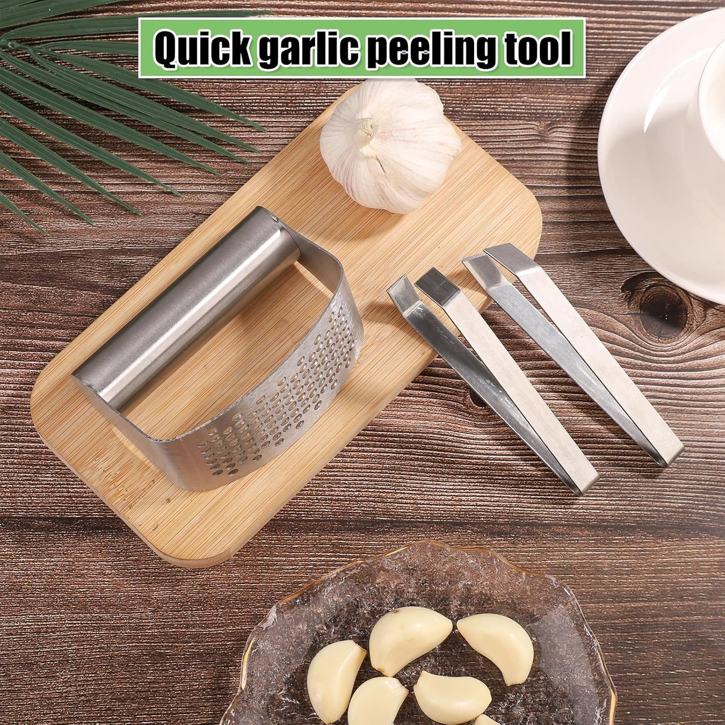 Garlic Press and Peeler Set, 2pcs Stainless Steel Garlic Mincer 1pcs Stainless Steel Garlic Chopper Garlic Tweezers Garlic Crusher Garlic Clippers Garlic Press Rocker Easy Faster Kitchen Tools