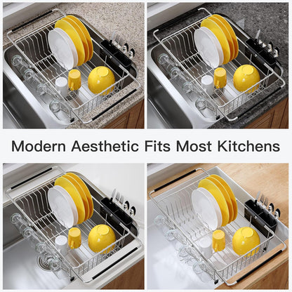 JASIWAY Roll Up Dish Drying Rack, Expandable (12.8"-23.8" D x 12.8" W) Stainless Steel Portable Drainer for Kitchen Sink Counter, Foldable Over The Sink Cover with Removable Utensil Holder
