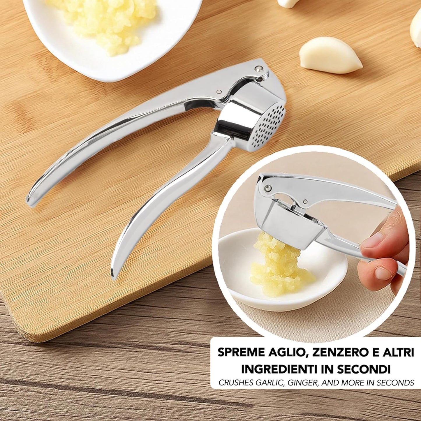 IPEA Stainless Steel Garlic Press for Garlic, Ginger, Chilli – Super Solid – Elegant Design – Professional Kitchen Garlic Press for Squeezing Nuts and Foods – Crusher – Easy to Clean