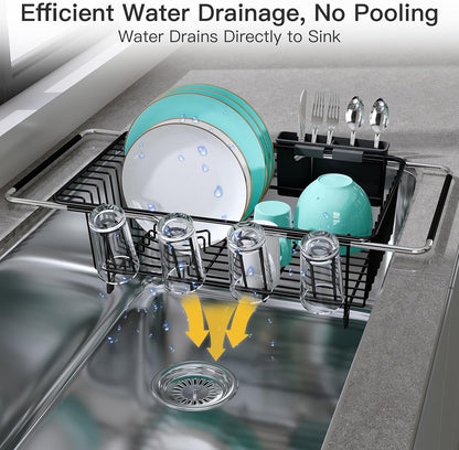 JASIWAY Roll Up Dish Drying Rack, Expandable (12.8"-23.8" D x 12.8" W) Stainless Steel Portable Drainer for Kitchen Sink Counter, Foldable Over The Sink Cover with Removable Utensil Holder