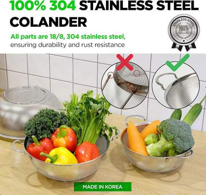 Shallow Stainless Steel Colander Set of 3 – Micro-Perforated Tray Strainers for Berries Vegetables Fruit, 18/8 304 Low Profile (2, 3, 4 Qt) Self-Draining Base, Dishwasher Safe, Made in Korea