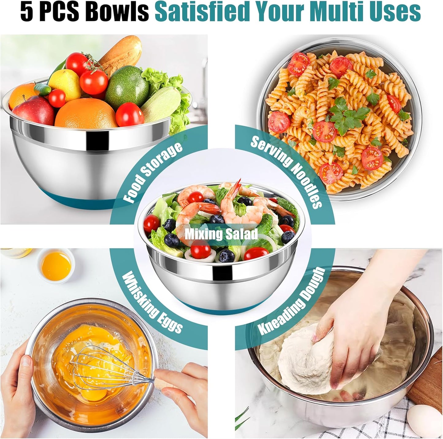 P&P CHEF Mixing Bowl with Lid Set, 5 Piece Stainless Steel Mixing Nesting Bowls for Salad Storage, 3 Grater Attachments & Non-Slip Bottoms, Size 1/1.5/2 / 2.6/4.6 QT, Multicolor
