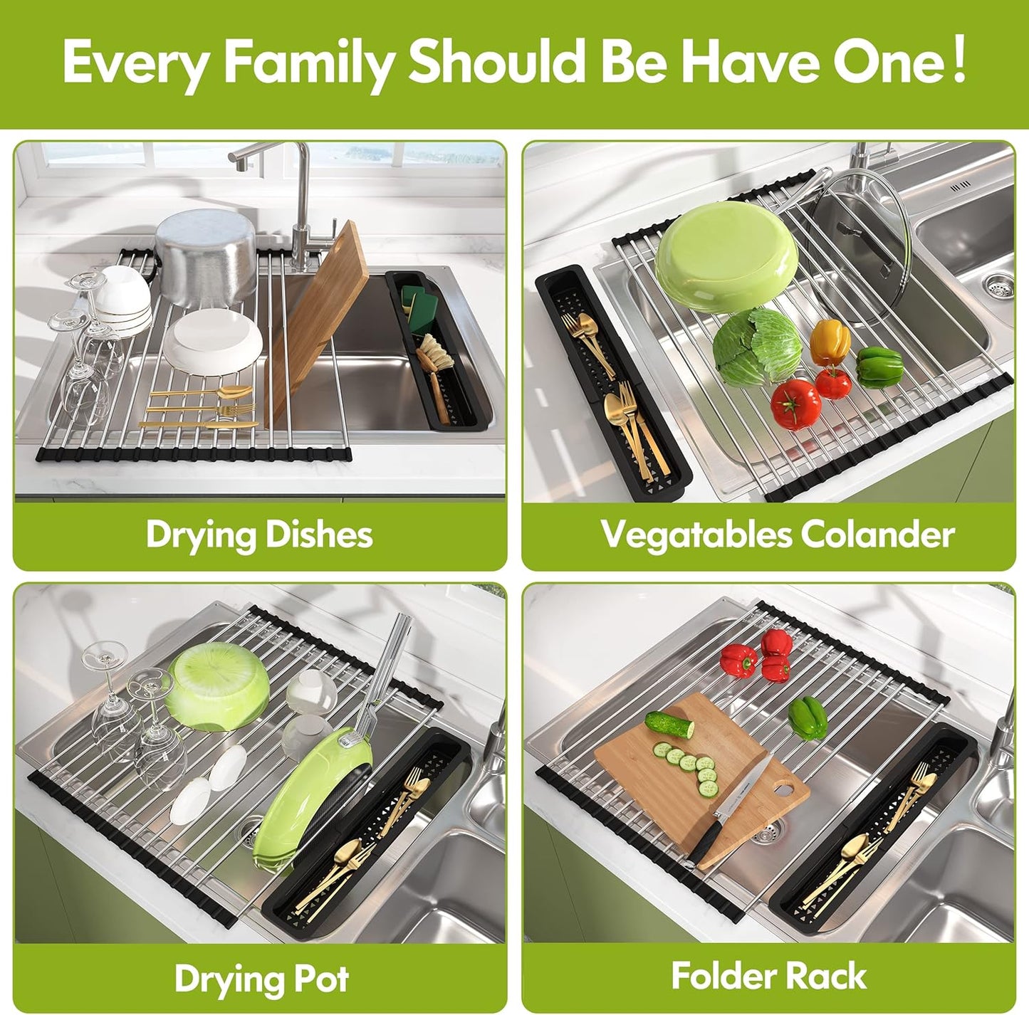 JASIWAY Roll Up Dish Drying Rack, Expandable (12.8"-23.8" D x 12.8" W) Stainless Steel Portable Drainer for Kitchen Sink Counter, Foldable Over The Sink Cover with Removable Utensil Holder