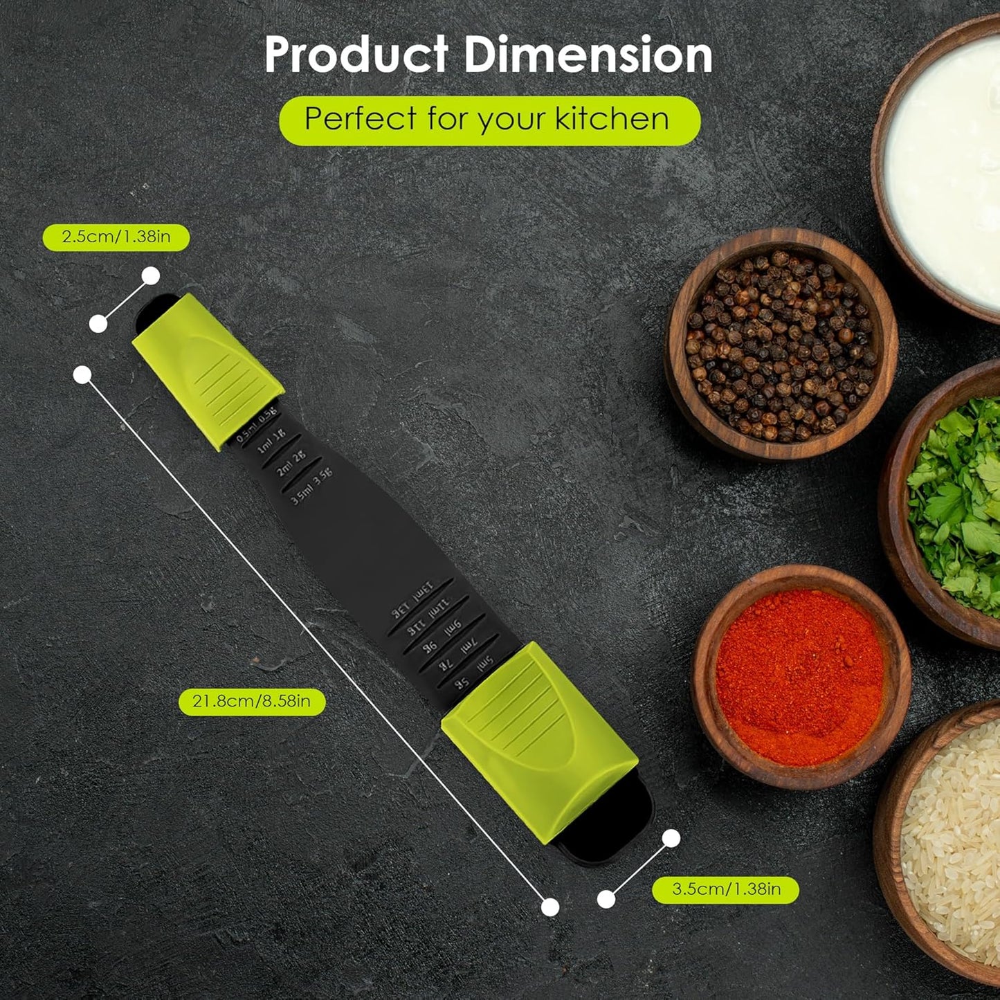 GOCHA Double-Ended Adjustable Measuring Spoon - 9-in-1 Kitchen Tool with Precision Scales (0.5-13ml/g) - Space-Saving Design for Dry & Liquid Ingredients (Black Green)