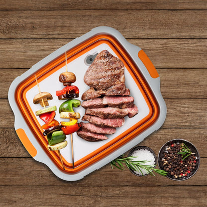 Collapsible Cutting Board(2.11 Gal/8L), BBQ Prep Tub with Locking Lid, Foldable Camping Sink with Colander, Multifunction Dish Basin for Kitchen, Bowl, Vegetable and Fruit, Storage Basket for Picnic