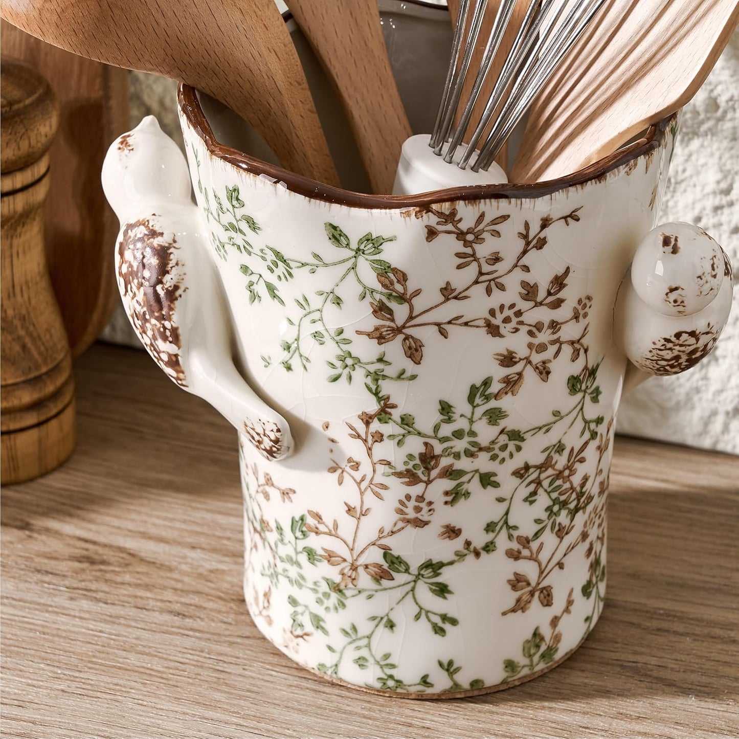Utensil Holder for Kitchen Counter, Modern Farmhouse Rustic Cooking Utensil Holder and Crock, Exquisite Chinoiserie Floral Ceramic Utensil Organizer for Home Kitchen Decor- Green and Beige