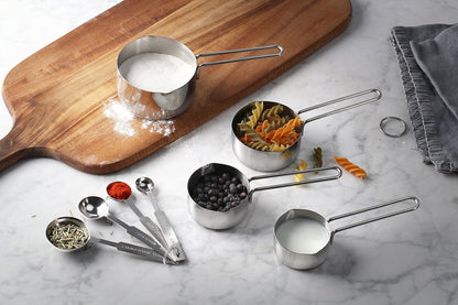 New Star Foodservice 42917 Stainless Steel Measuring Cups and Spoons Set, 8-Piece Metal Measuring Set for Baking, Cooking, Dry and Liquid Ingredients, Restaurant Grade, Silver